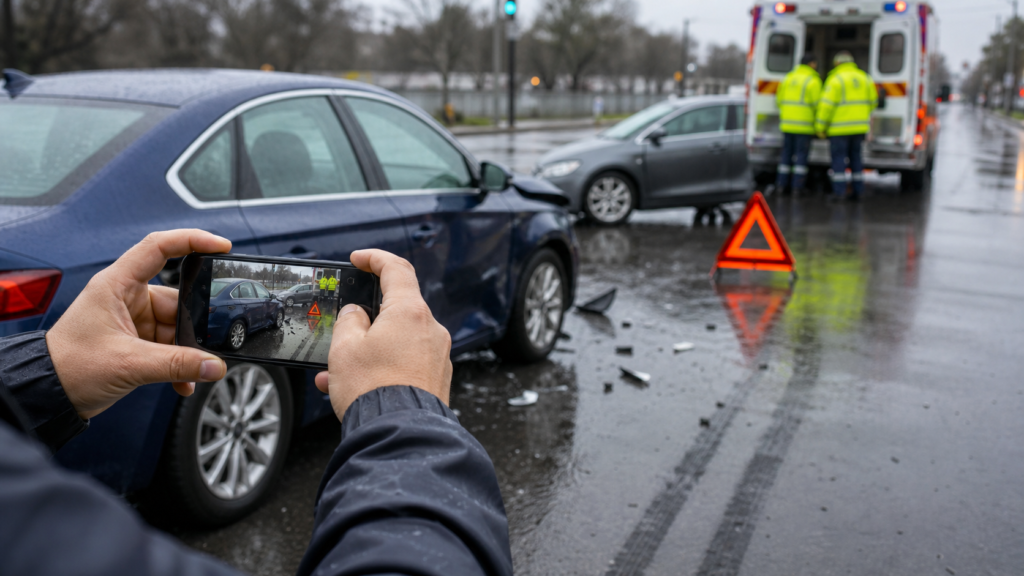 Registro fotográfico de vehículos, huellas y posición final tras un accidente de tránsito con lesiones en una calle lluviosa de Puerto Montt