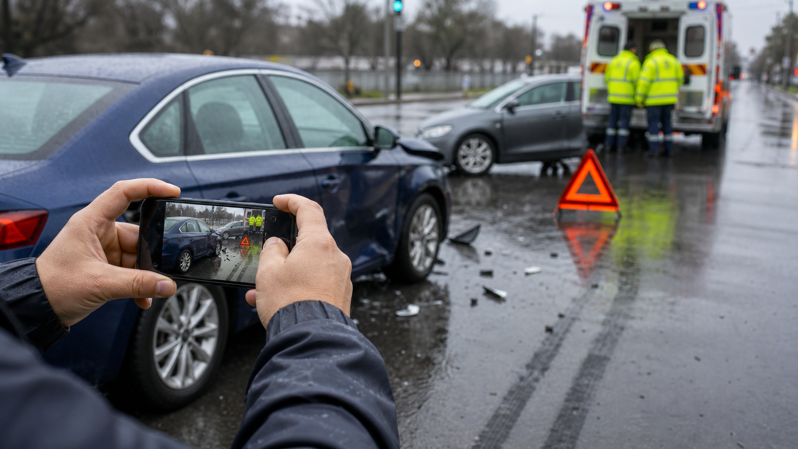 Registro fotográfico de vehículos, huellas y posición final tras un accidente de tránsito con lesiones en una calle lluviosa de Puerto Montt