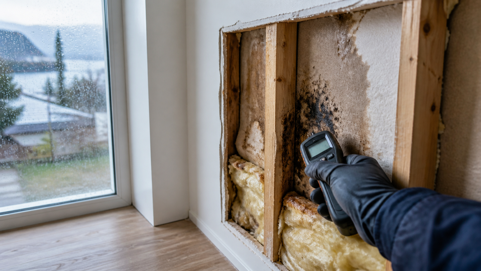 Medición de humedad en una filtración oculta descubierta detrás del revestimiento de una vivienda recién comprada en Puerto Montt